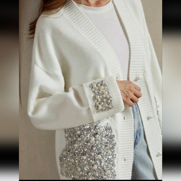 WomenDesigner Changeable Crystal & Pearl Embellished Handmade Oversized Cardigan - Picture 3 of 5